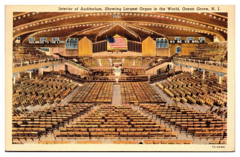 Vintage Interior of Auditorium, Largest Organ in World, Ocean Grove, NJ Postcard