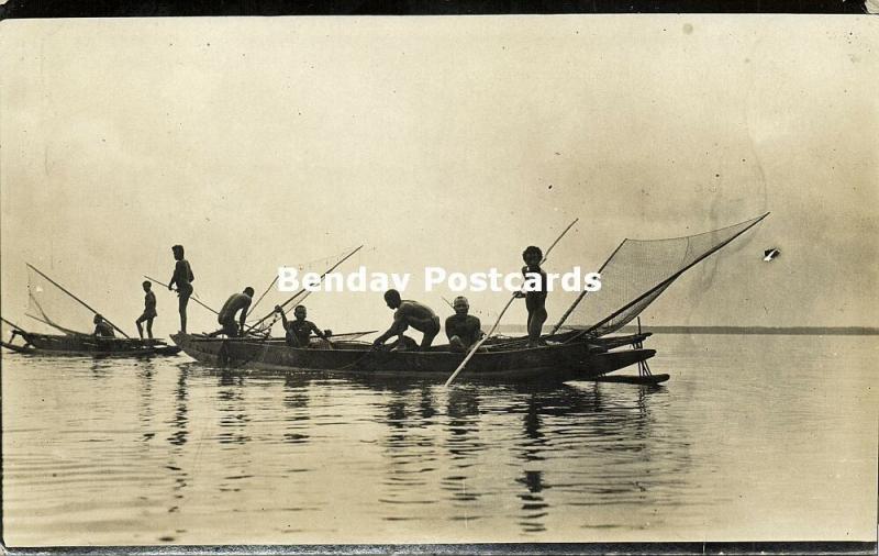 oceania, Unknown Native Men in Canoes Fishing (1910s) RPPC