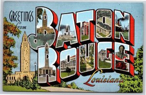 Baton Rouge Louisiana~Capitol & Key On Back~Large Letter Vintage Linen Postcard