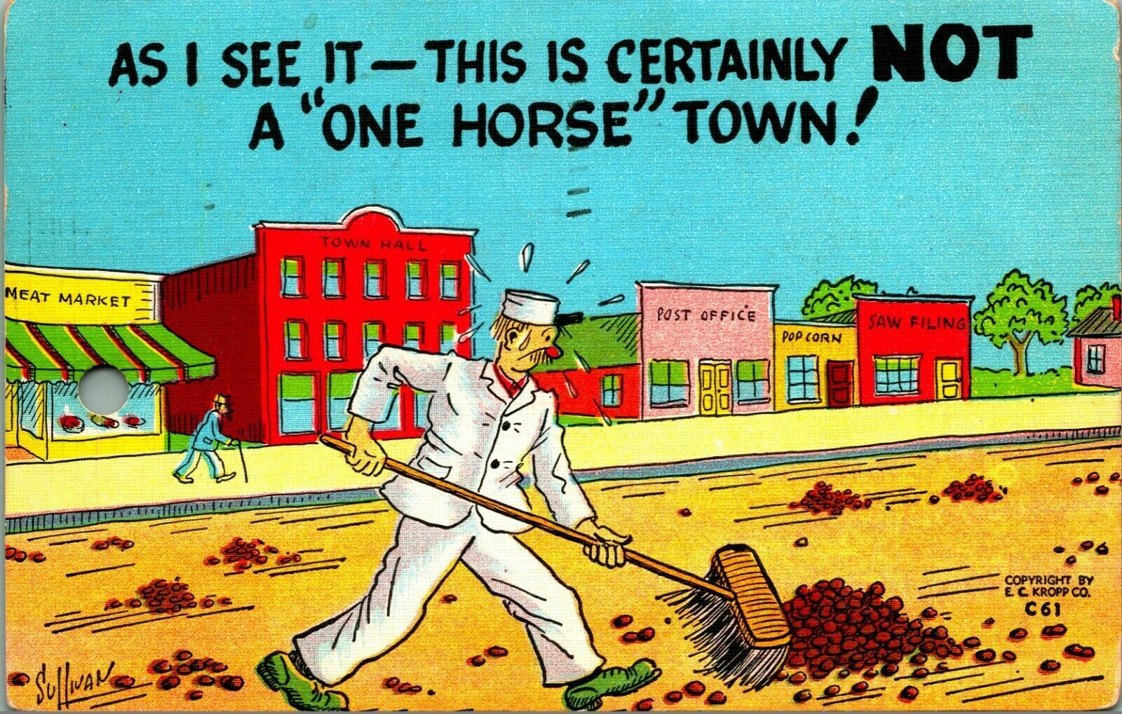 Comic Sweeping Horse Poop Not a One Horse Town Linen Postcard Topics
