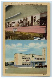 c1930's Greyhound Bus Terminal Cars Bus Buffalo New York NY, Dual View Postcard 