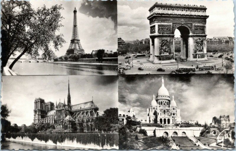 postcard rppc Paris France - multiview eiffel arc de triomphe notre-dame