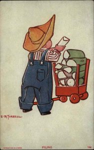 E.R. Tyrrell Little Boy Farmer Stacking Wood Piling c1910 Vintage Postcard