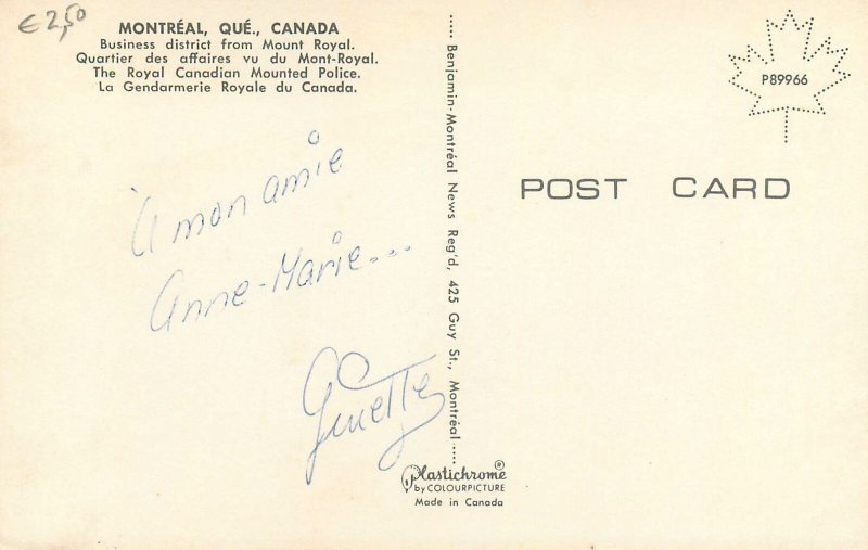 Canada Souvenir Postcard Montreal panorama Royal Canadian Mounted police officer