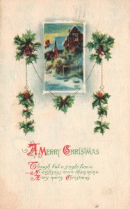 Vintage Postcard 1920 A Merry Christmas Greetings Holly Red Berries Snow House