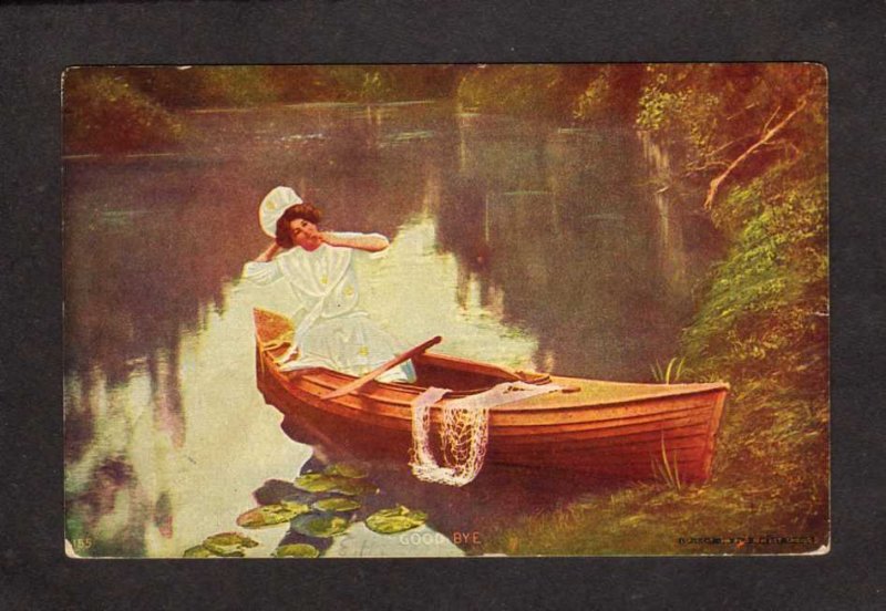 Painting Art Woman in Canoe Net Good Bye O Benedict Vintage Postcard 1907