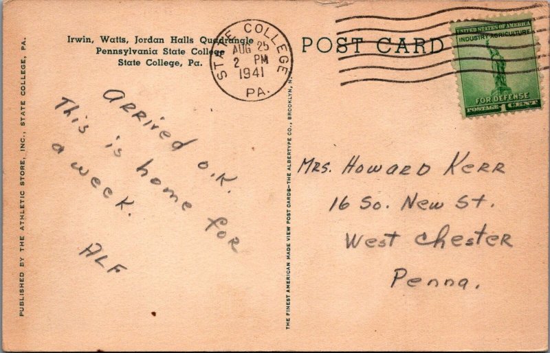 Postcard Irwin, Watts, Jordan Halls Quadrangle Penn State College 1941