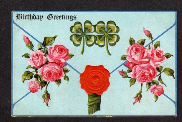 Vintage Birthday Greetings Postcard Four 4 Leaf Clover Roses Embossed PC