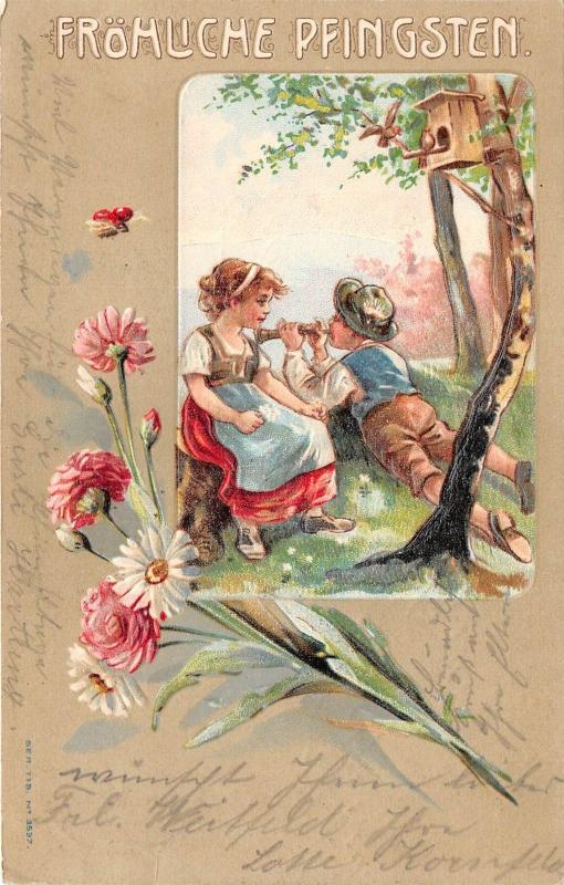 BG14715 boy and girl flower pfingsten pentecost embossed   germany