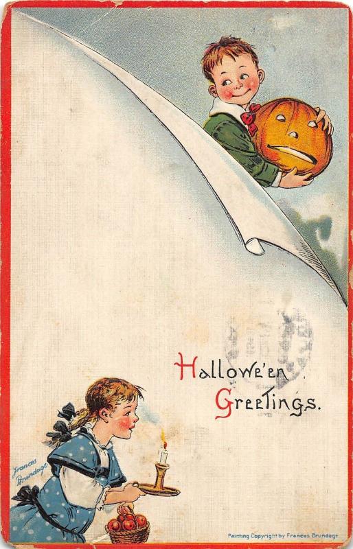 E22/ Halloween Holiday Postcard 1913 Frances Brundage Jack-O-Lantern Kids 1