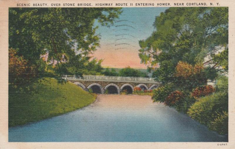 Stone Bridge over Tioughnioga River on Route 11 Homer NY New York pm 1945 Linen