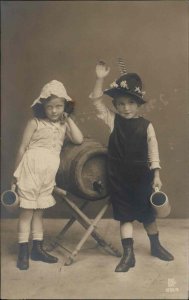 Netherlands Cancel Cute Kids Drinking Beer Keg Steins Real Photo Vintage PC