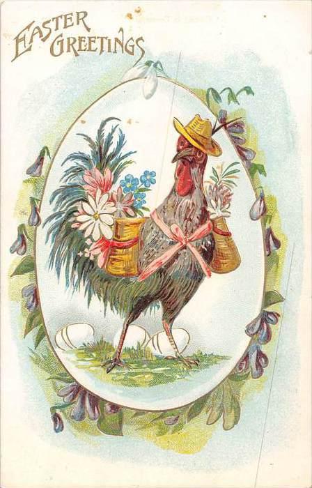 Rooster Carrying 2 Baskets of Flowers