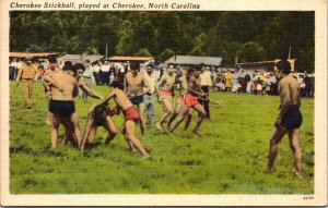 Linen Postcard Cherokee Stickball Game Played at Cherokee, North Carolina