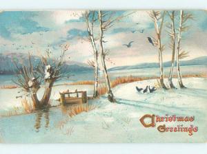 Pre-Linen christmas LITTLE BIRDS BESIDE SMALL BRIDGE OVER THE CREEK HQ6183