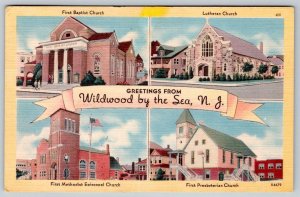 1952 GREETINGS FROM WILDWOOD BY THE SEA NJ 4 CHURCHES VINTAGE LINEN POSTCARD