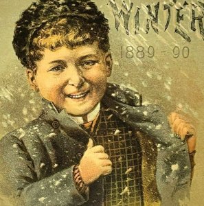 1889 Winter Coat Department Store Ad Boston MA Boy Snow (trimmed) 1880-1900s
