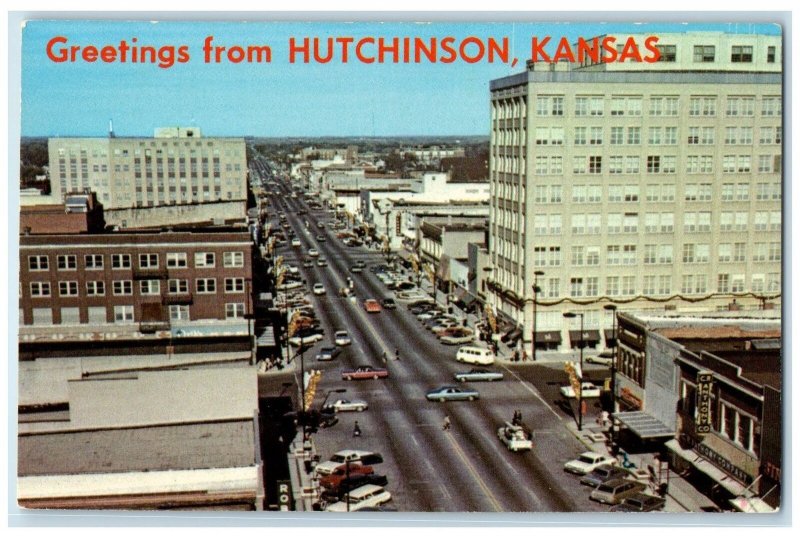 c1960's Greetings From Hutchinson Kansas KS City Center Main Street Postcard