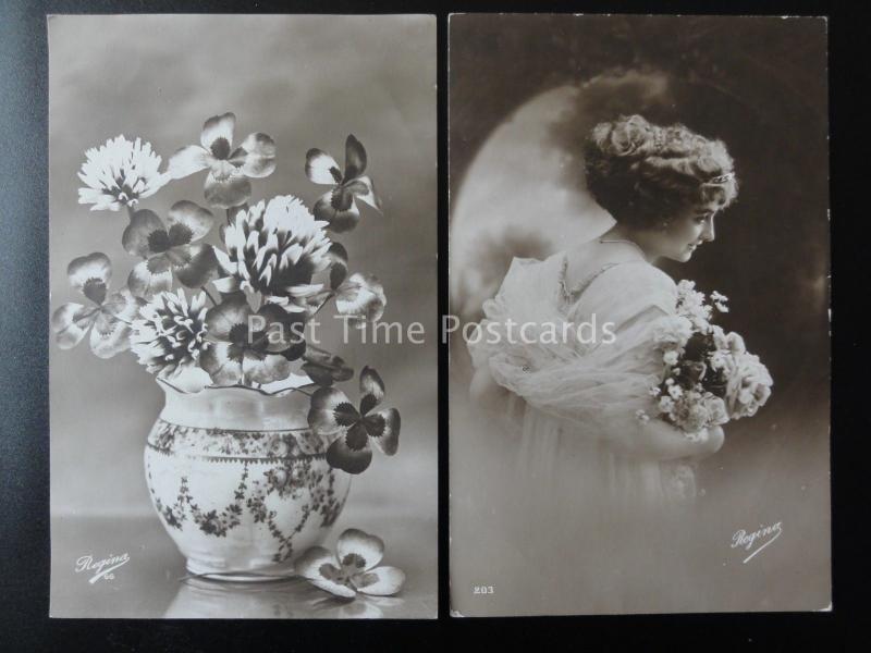 Romance LADY WITH FLOWERS Collection of 2 Old RP French Postcards Regina