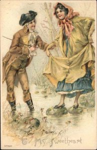 Valentine Victorian Man Helps Woman Across Stream c1905 Private Mailing Card PC