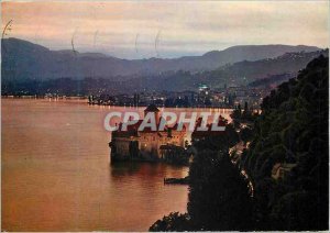 Modern Postcard Montreux Chateau de Chillon and town at dusk La Poste Aerienn...