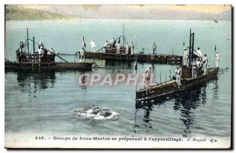 Old Postcard Boat Sub Group of sailors preparing for the & # 39appareillage
