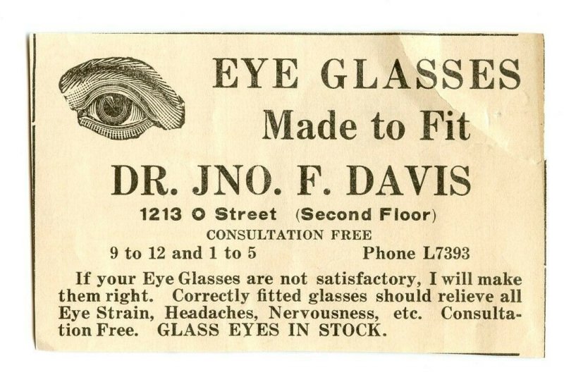 Eye Glasses Made To Fit Dr. JNO. F. DAVIS Vintage Paper Advertisement