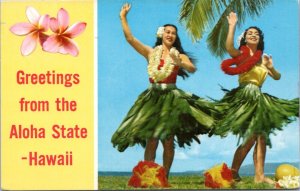 Postcard Greetings from the Aloha State - Hawaii - two hula dancers