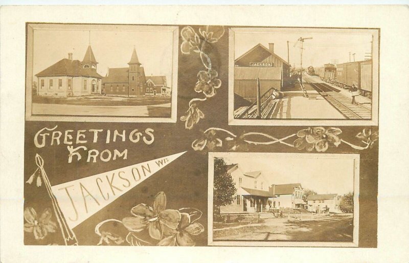 Postcard RPPC Wisconsin Jackson Railroad Depot Multi View 23-10171