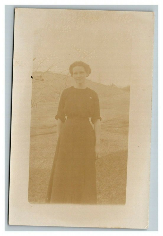Vintage 1900's RPPC Postcard Woman in Black Dress in the Country - LIGHT