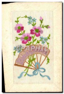 Old Postcard Fancy Embroidery Flowers Fan