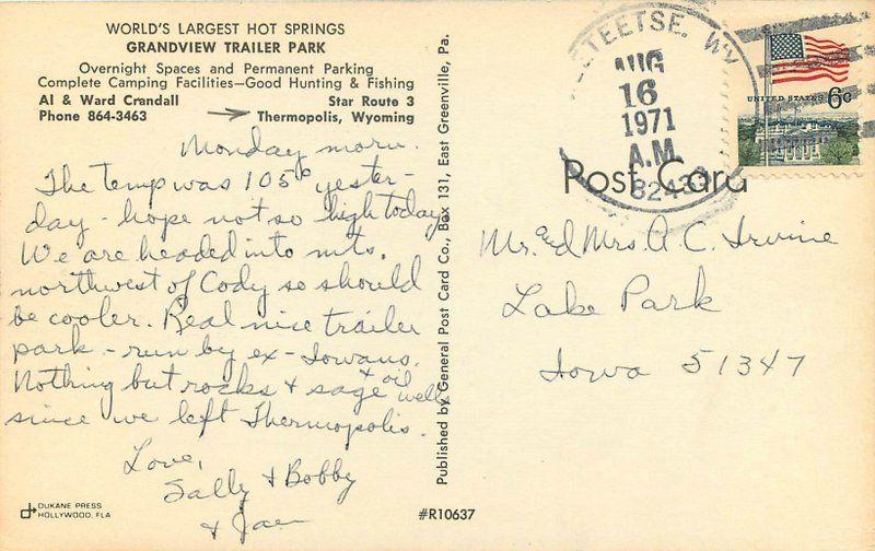 Autos Overnight Grandview Trailer Park 1971 Postcard 13222 Thermopolis Wyoming