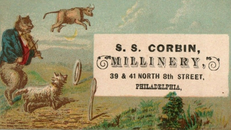 Victorian Trade Card for S.S Corbin Millinery Hey Diddle Diddle-Cow Cat Spoon Z5 