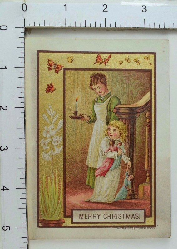 Victorian Christmas Trade Card Butterfly Border Mother Child Dolls Candle #A