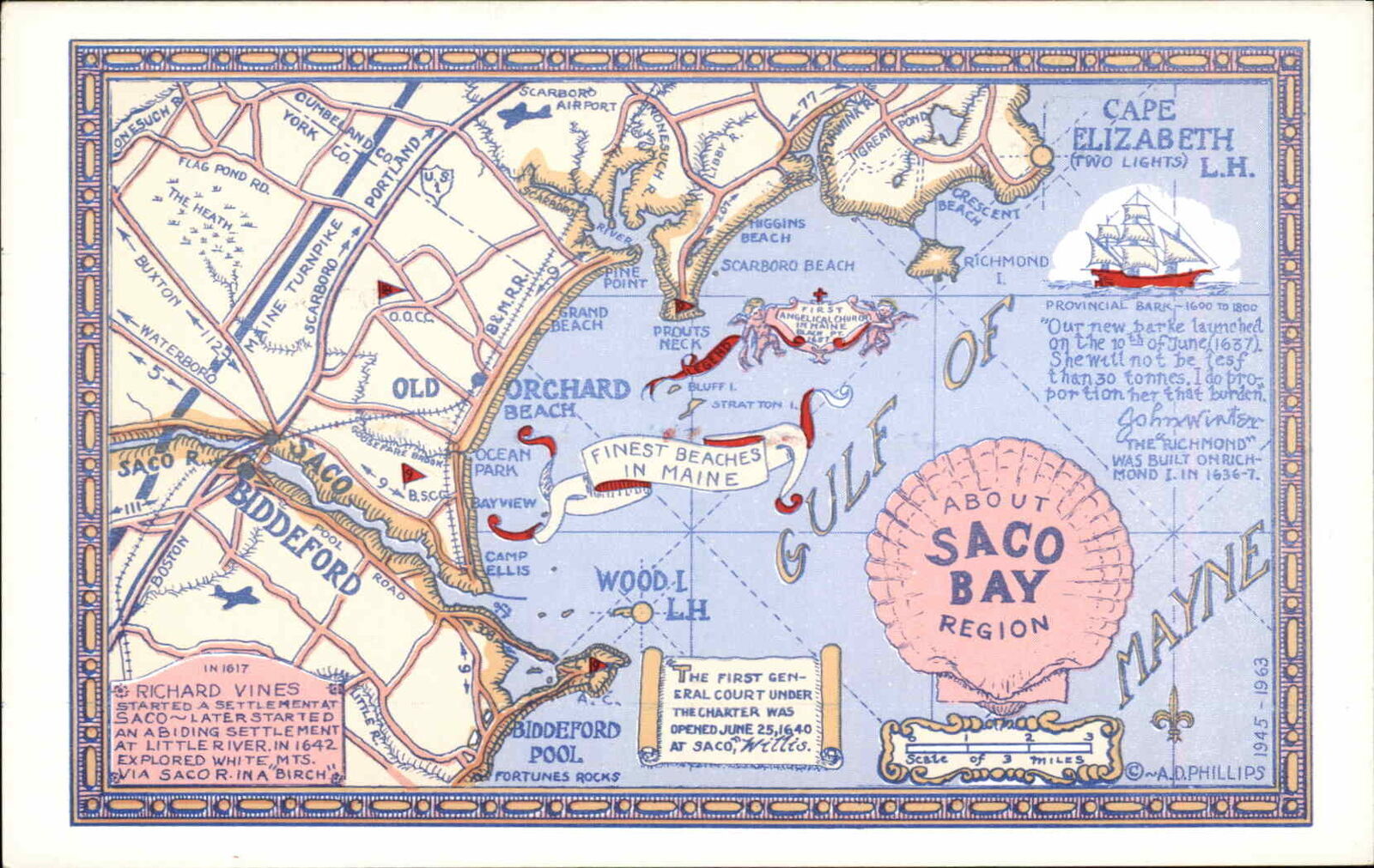 Saco Bay Region Maine Coastal Maine Map Vintage Postcard United