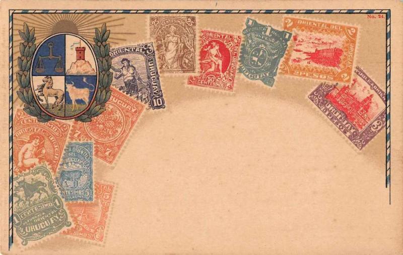 Uruguay Stamp Card and Crest Antique Postcard J55702