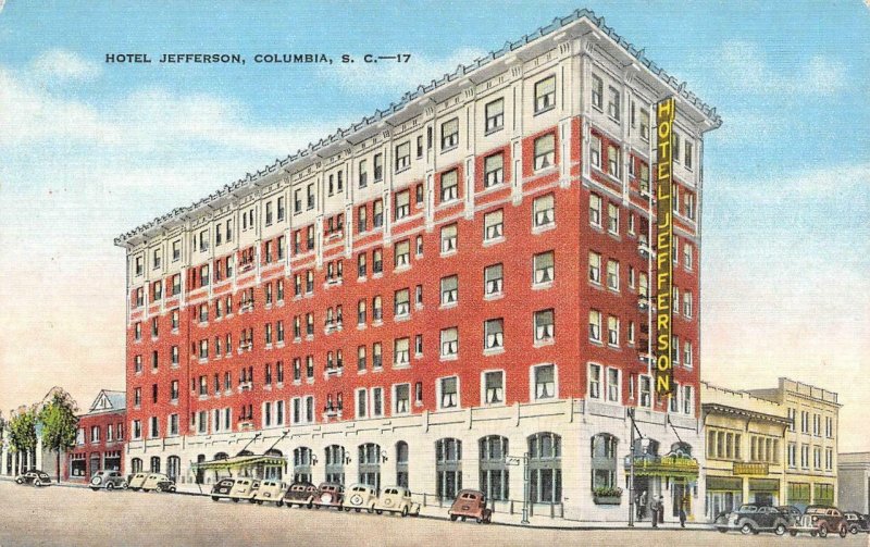 COLUMBIA, SC South Carolina  HOTEL JEFFERSON & Street View~Cars c1940's Postcard