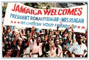 c1950's Banner Welcoming President Ronald Reagan & Wife to Jamaica Postcard