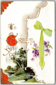 1911 Landscaped Green Ribbon Calligraphy Greetings Wishes Card Posted Postcard