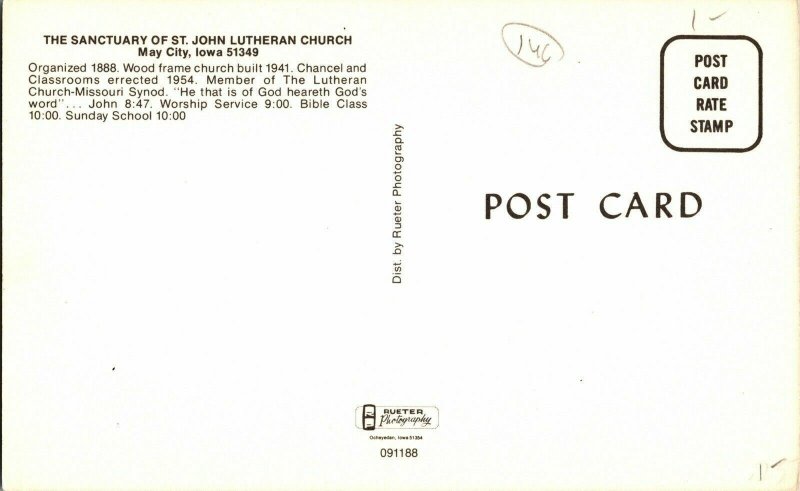 Sanctuary St John Lutheran Church May City Iowa 51349 Postcard Vitnage UNP Vtg 