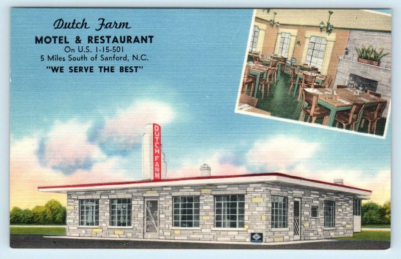 SANFORD, NC North Carolina~ DUTCH FARM RESTAURANT c1950s Roadside Linen Postcard