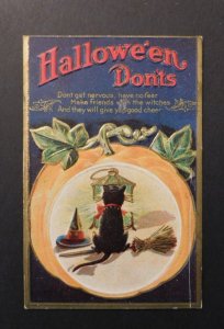 1911 USA Halloween Postcard Cover From Buffalo NY  Black Cat Lantern Broom Hat