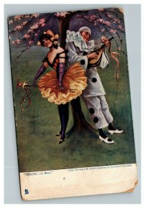 Vintage 1910's Tuck's Postcard - Joker & Clown Playing Lute Pink Flowered Tree