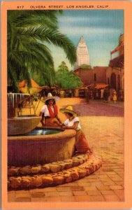 Vtg Los Angeles California CA Olvera Street Fountain Plaza 1930s Linen Postcard 