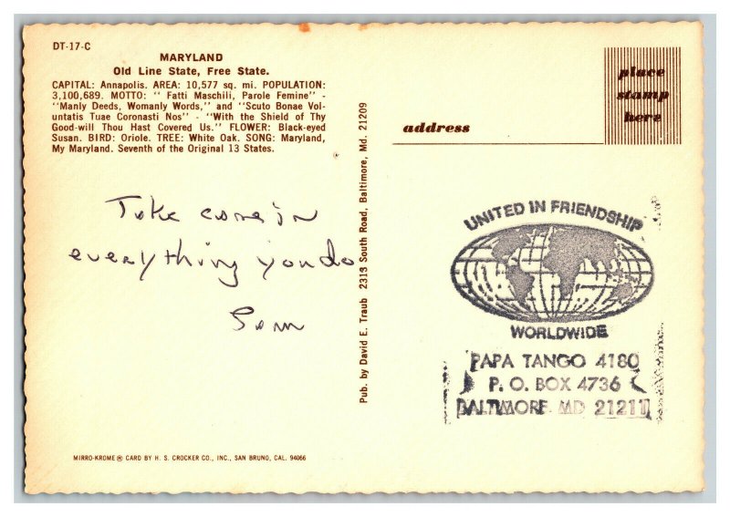 Hello From MARYLAND Continental View Map Postcard