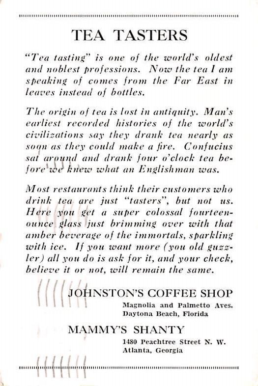 Johnston's Coffee Shop Advertising 1952 postal marking on front