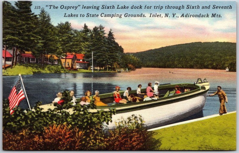 The Osprey Leaving Sixth Lake Dock Inlet New York NY Adirondacks Mts. Postcard