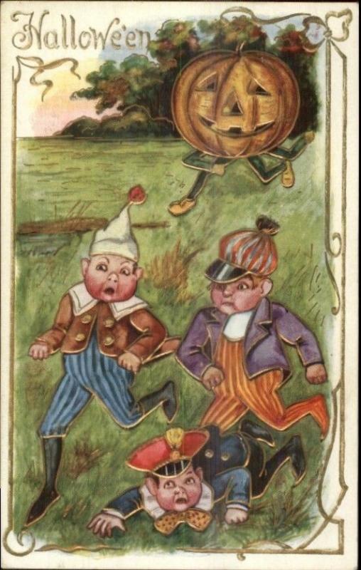 Halloween - Children Run From JOL Man c1910 Postcard EXC COND