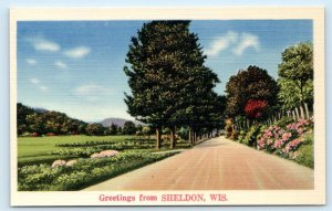 2 Postcards GREETINGS from SHELDON, Wisconsin WI ~ SUNSET c1940s Rusk County