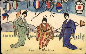 Geisha Women Japanese Art Hand Painted Fans & Patriotic Lanterns c1910 Postcard